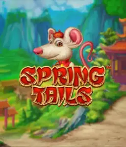 A charming illustration of a white rat wearing a red traditional Chinese outfit standing in a picturesque mountain backdrop. The image is for the Spring Tails game by Betsoft, showcased with striking gold and red logo lettering.